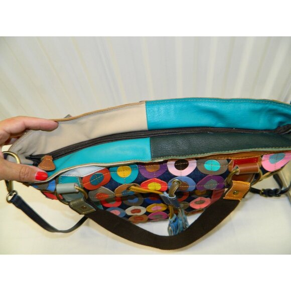 Amerileather Multicolor Lg Leather Tote Bag Colorful Patchwork Tassels Adj Strap - Picture 12 of 16